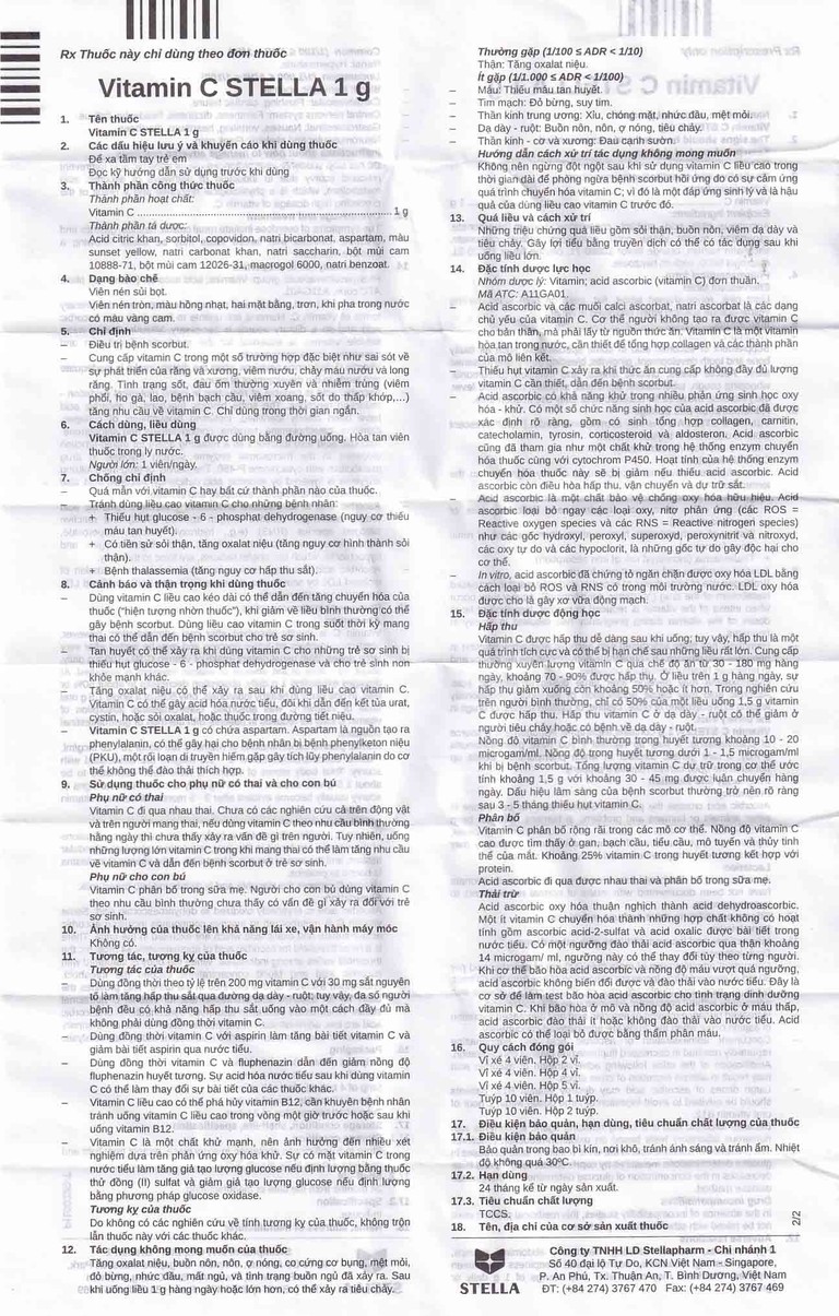 Viên sủi Vitamin C 1g Stella điều trị bệnh Scorbut (1 tuýp x 10 viên)