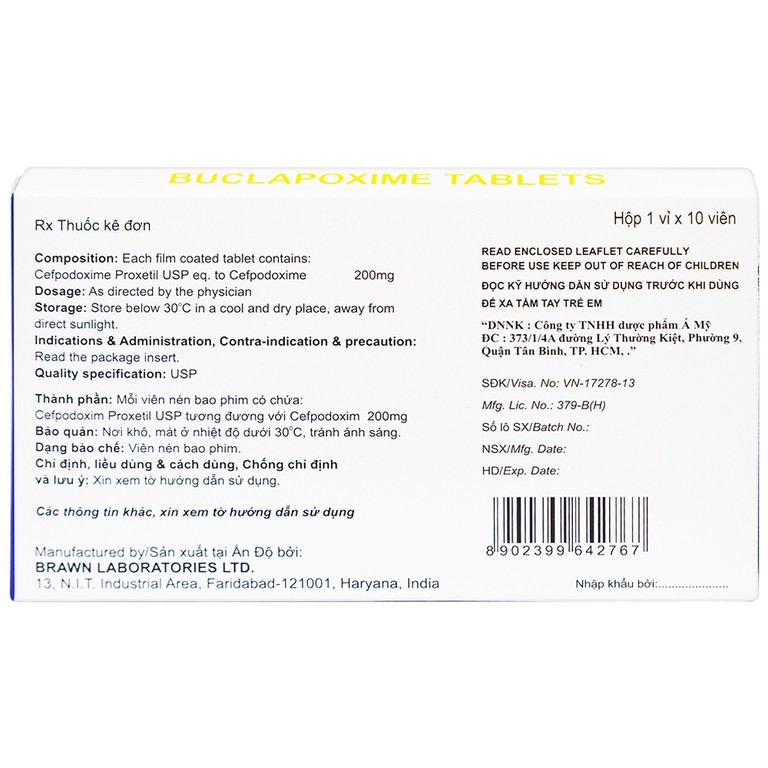 Thuốc Buclapoxime Brawn điều trị nhiễm khuẩn (1 vỉ x 10 viên)