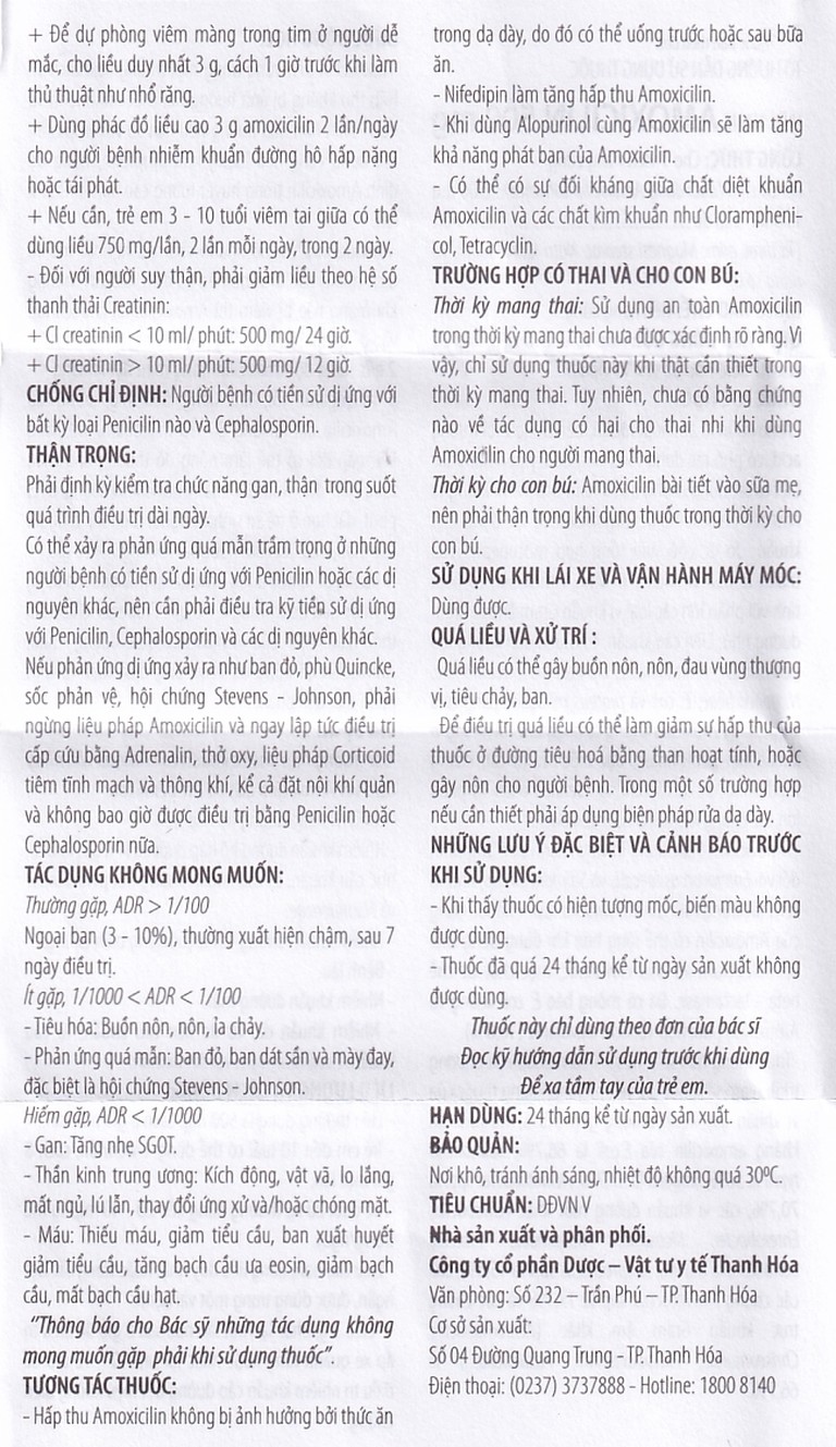 Thuốc Amoxicilin 500mg Thephaco điều trị nhiễm khuẩn (10 vỉ x 10 viên)