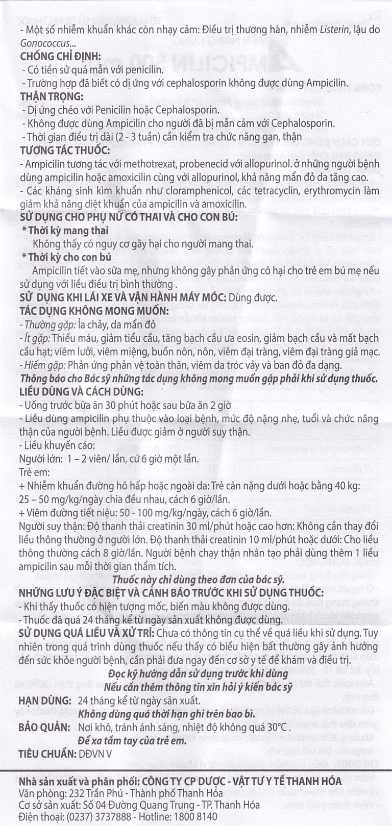 Thuốc Ampicilin 500mg Thephaco điều trị nhiễm khuẩn (10 vỉ x 10 viên)