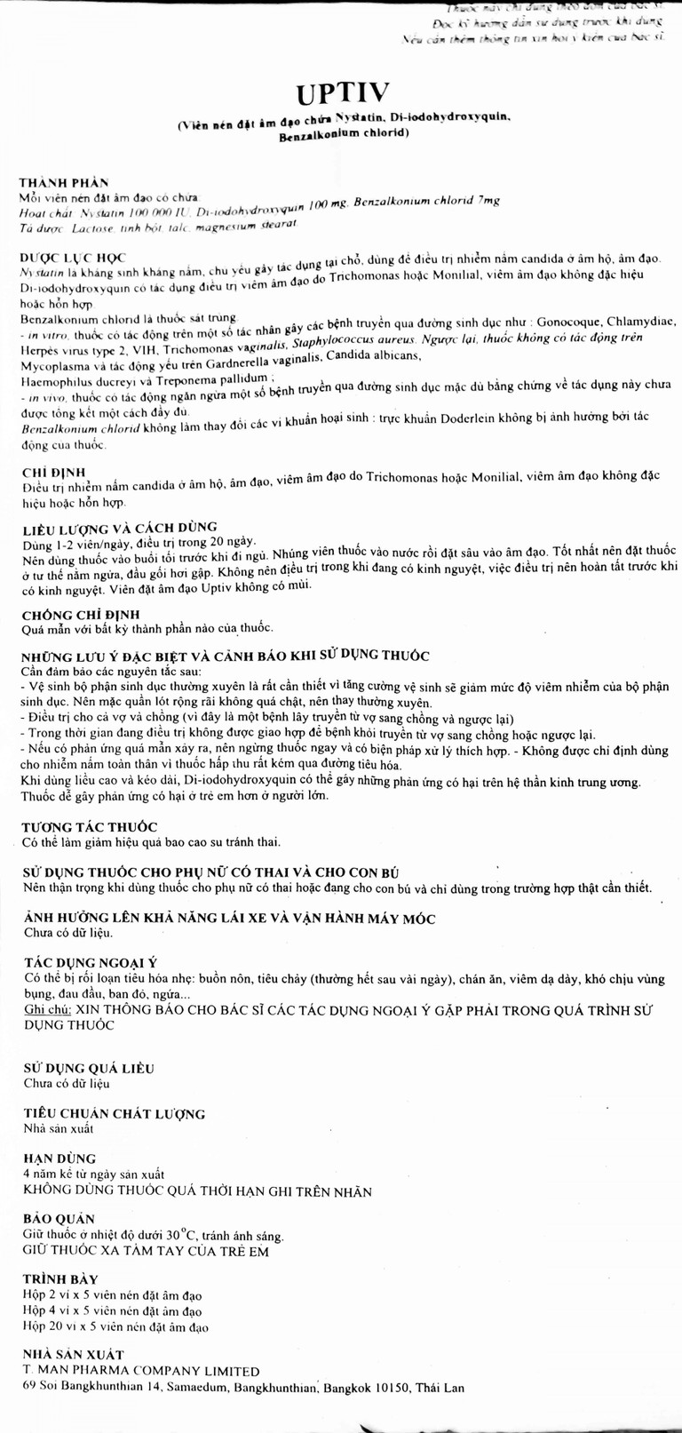 Viên đặt âm đạo Uptiv T.Man Pharma điều trị nấm Candida ở âm hộ, âm đạo (2 vỉ x 5 viên)