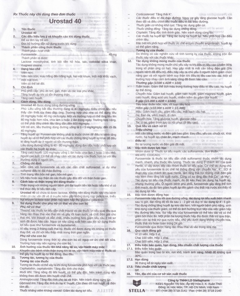 Thuốc Urostad 40 Stella điều trị phù phổi cấp (5 vỉ x 10 viên)
