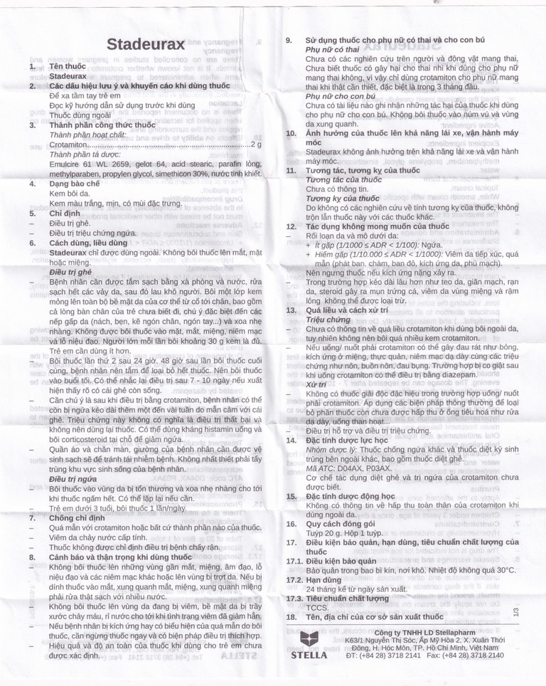 Kem bôi da Stadeurax Stella điều trị ghẻ, triệu chứng ngứa (20g)
