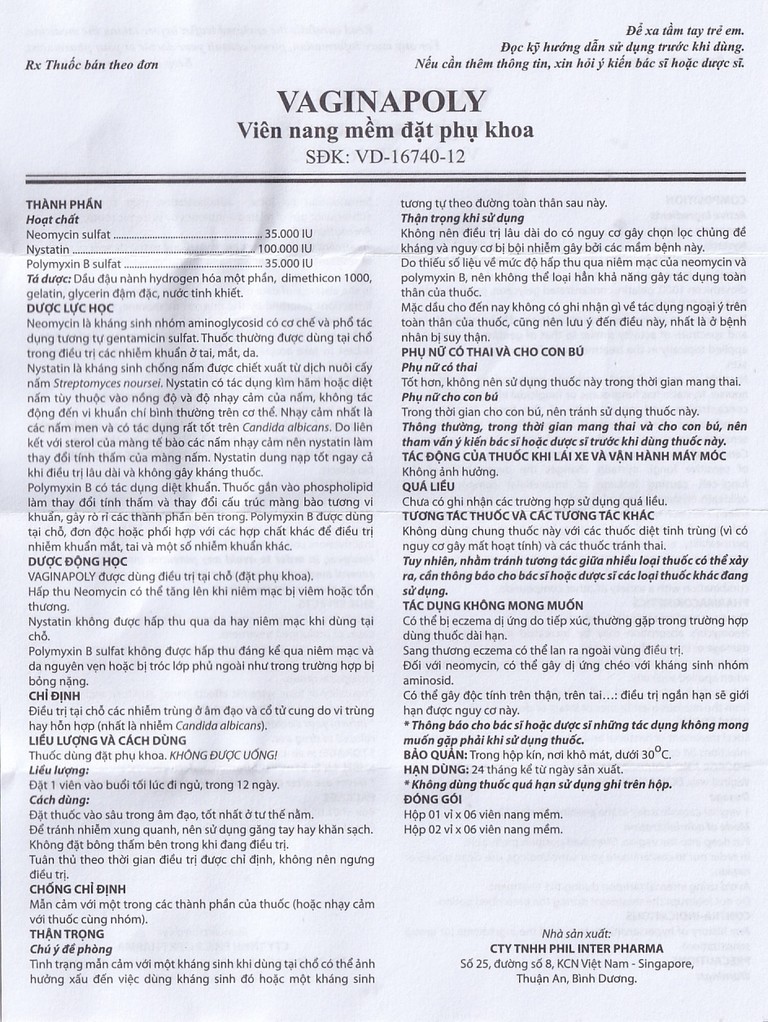 Viên đặt phụ khoa Vaginapoly Phil Inter điều trị nhiễm trùng ở âm đạo (2 vỉ x 6 viên)