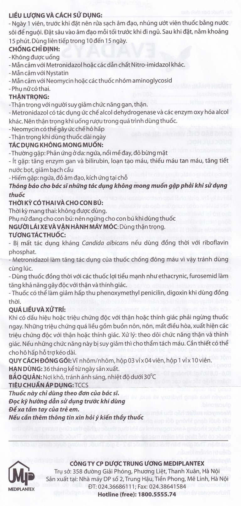 Thuốc Evadays Vaginal 500mg Mediplantex điều trị viêm âm đạo (1 vỉ x 10 viên)