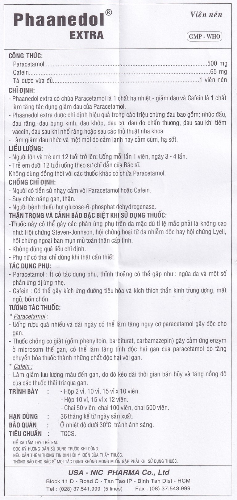 Viên nén Phaanedol Extra Usa - Nic Pharma giảm nhức đầu, đau răng, đau bụng kinh (180 viên)