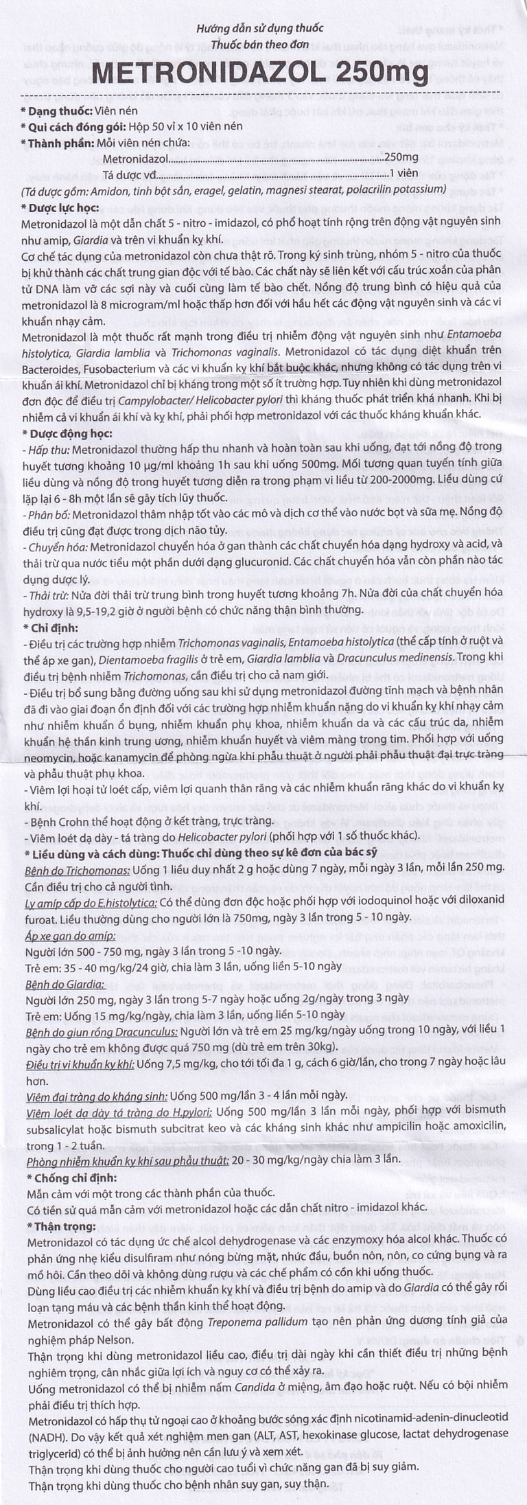 Viên nén Metronidazol 250mg Hataphar điều trị các chứng nhiễm khuẩn, viêm lợi (50 vỉ x 10 viên)