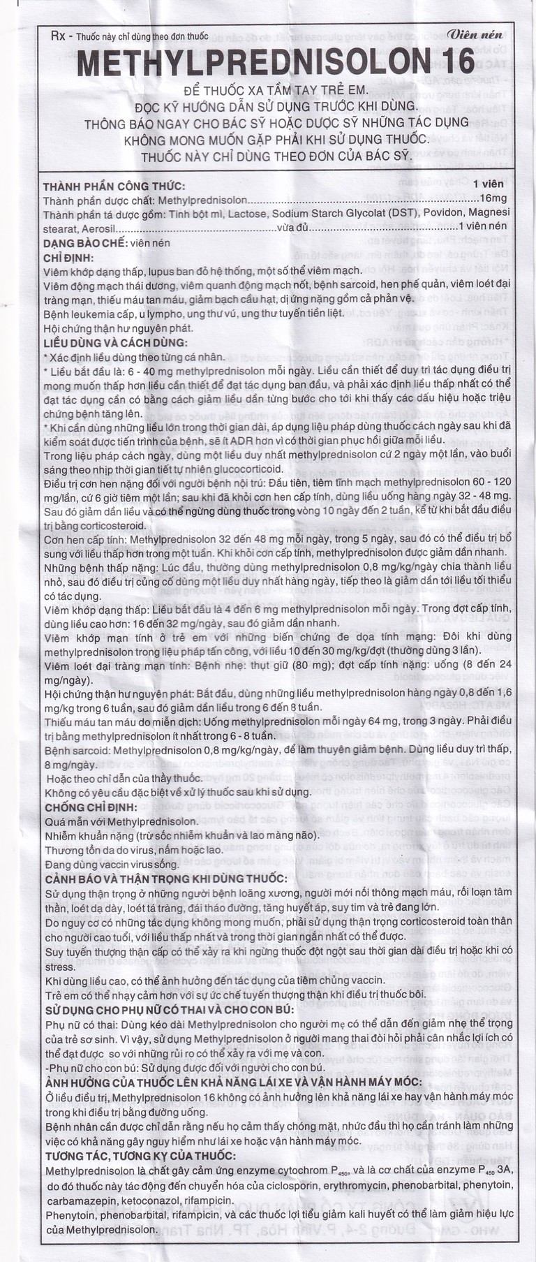 Thuốc Methylprednisolon 16 Khapharco kháng viêm, điều trị viêm khớp dạng thấp, lupus ban đỏ hệ thống (10 vỉ x 10 viên)