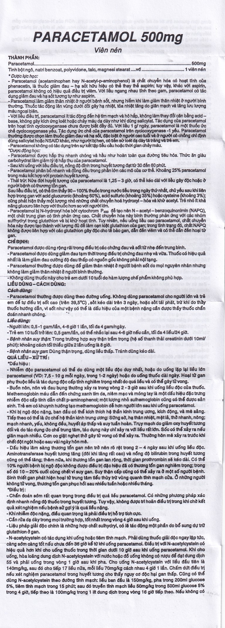 Viên nén Paracetamol 500mg Armepharco điều trị các chứng đau và sốt (10 vỉ x 10 viên) 