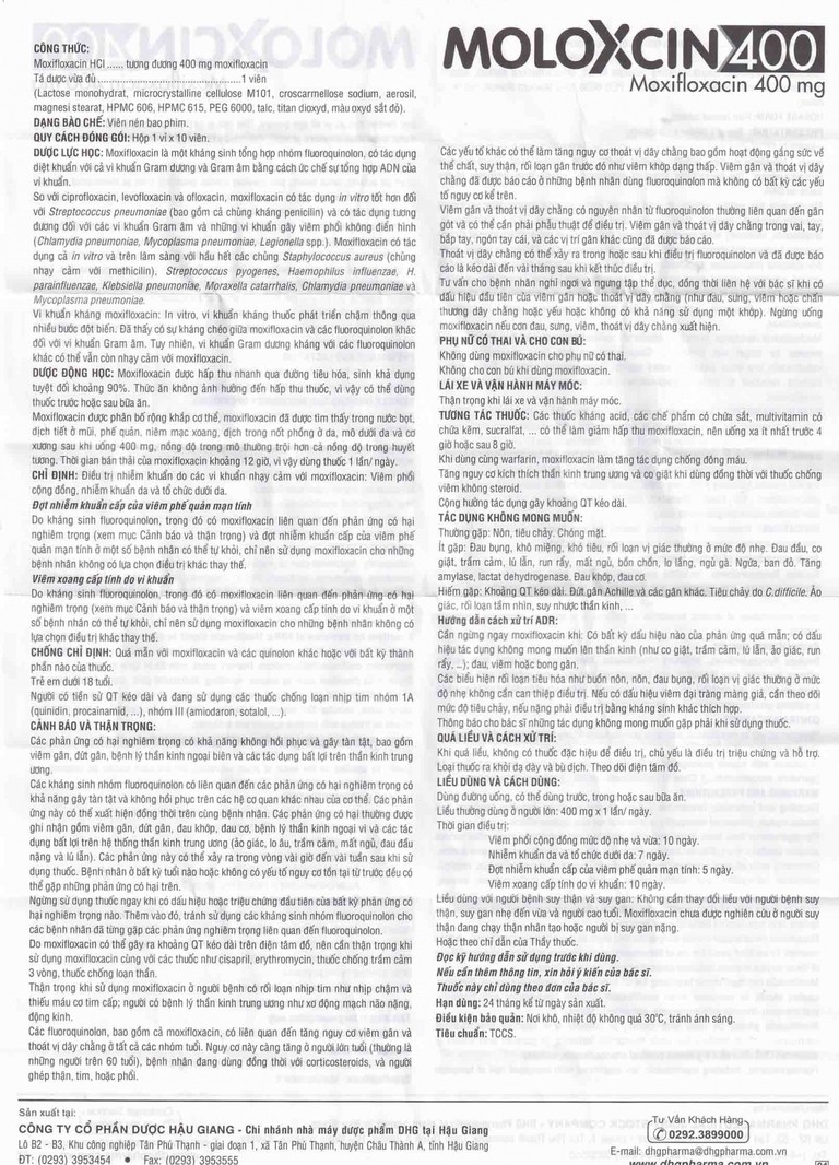 Thuốc Moloxcin 400 DHG điều trị các chứng nhiễm khuẩn, viêm phổi (1 vỉ x 10 viên)