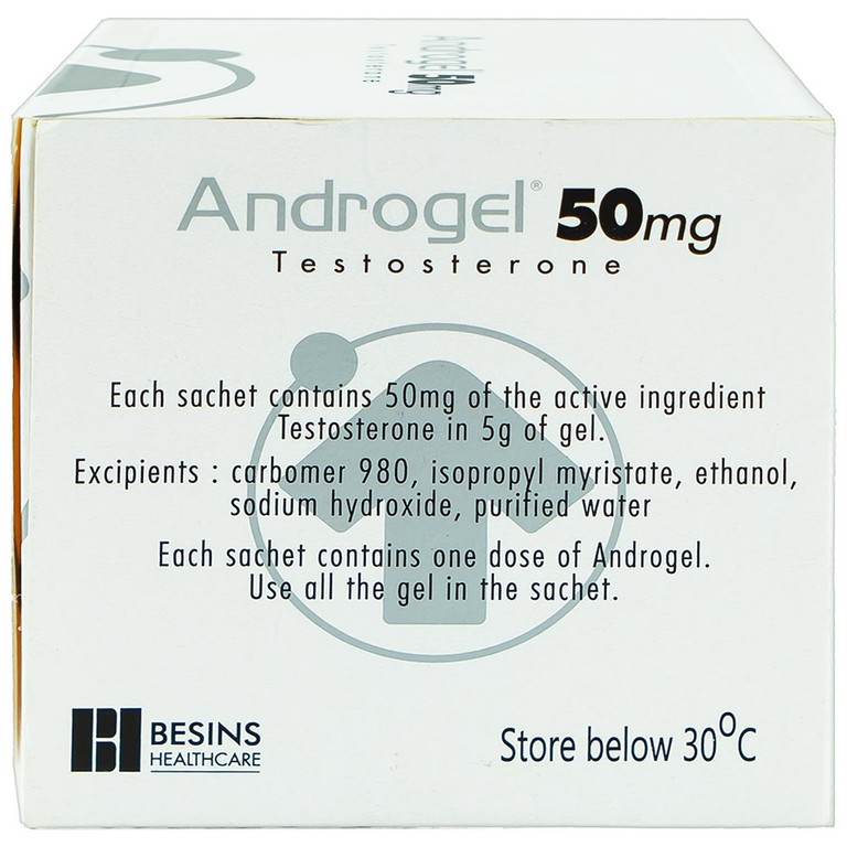 Gel bôi da Androgel 50mg/5g Besins hỗ trợ điều trị thiểu năng tuyến sinh dục nam giới (30 gói x 5g)