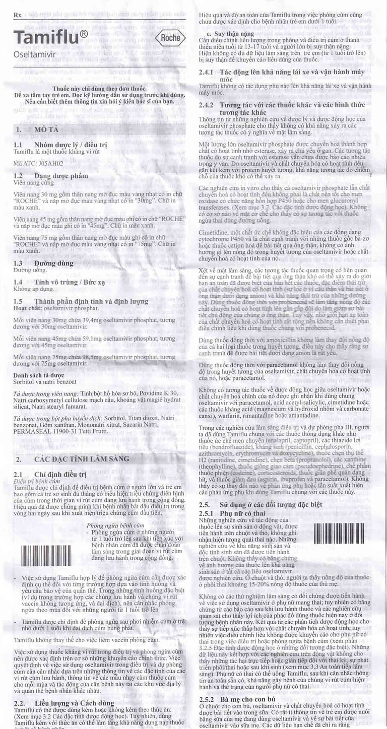 Thuốc Tamiflu Roche điều trị bệnh cúm (1 vỉ x 10 viên)