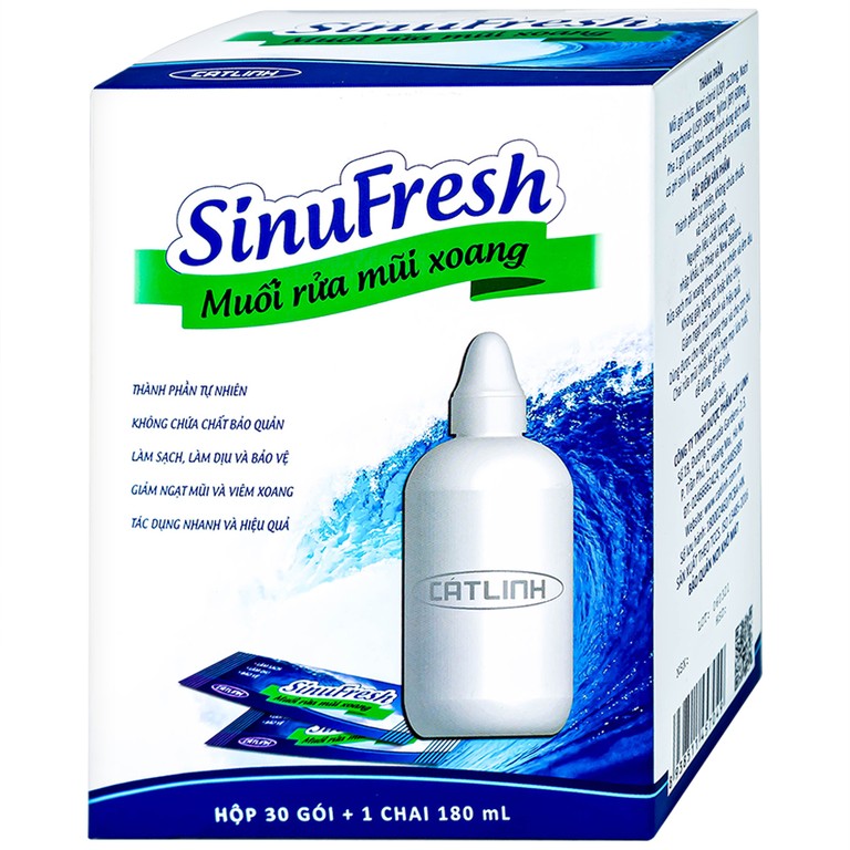 Muối rửa mũi xoang SinuFresh Cát Linh dùng cho khô mũi, ngạt mũi, chảy nước mũi (30 gói + 1 chai 180ml)