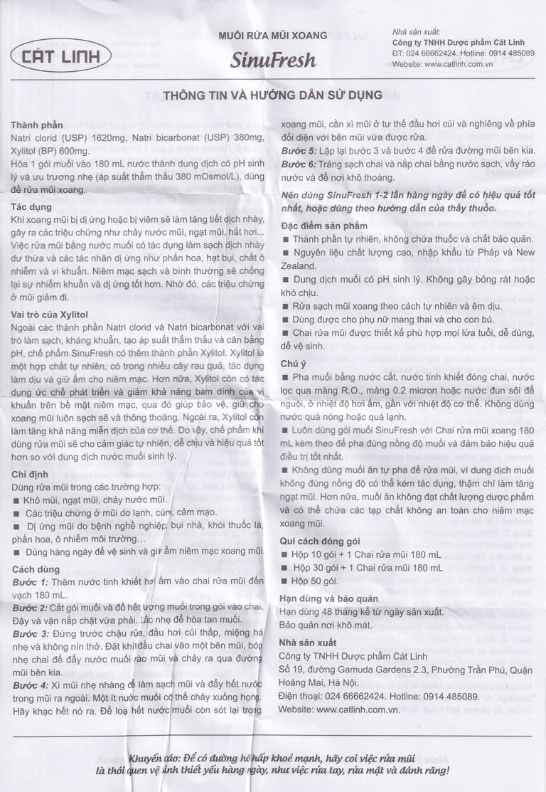 Muối rửa mũi xoang SinuFresh Cát Linh dùng cho khô mũi, ngạt mũi, chảy nước mũi (30 gói + 1 chai 180ml)