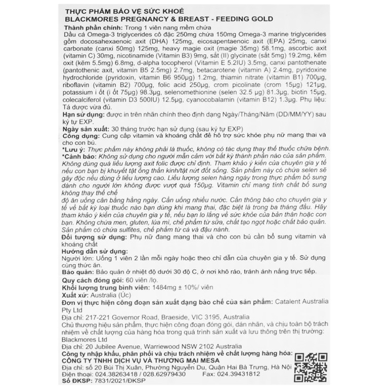 Viên uống Blackmores Pregnancy & Breast - Feeding Gold cung cấp vitamin và khoáng chất (60 viên)
