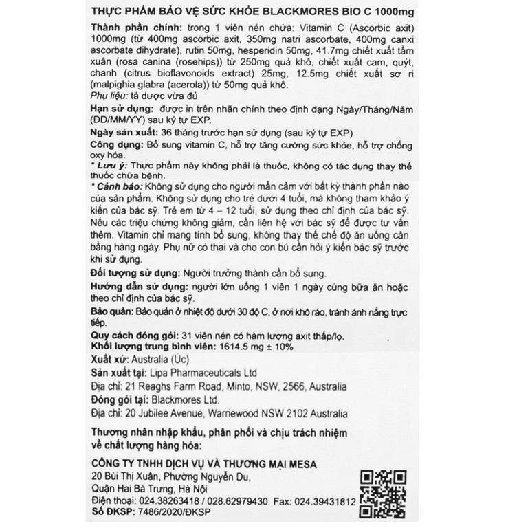 Viên uống Blackmores Bio C 1000mg bổ sung vitamin C, tăng cường sức khỏe (31 viên)