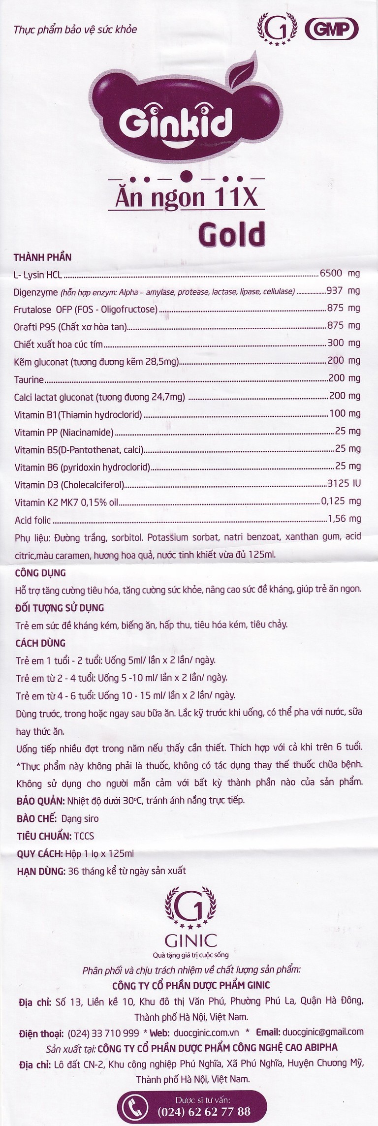 Siro Ginkid Ăn Ngon 11X Gold GINIC hỗ trợ kích thích tiêu hóa (125ml)