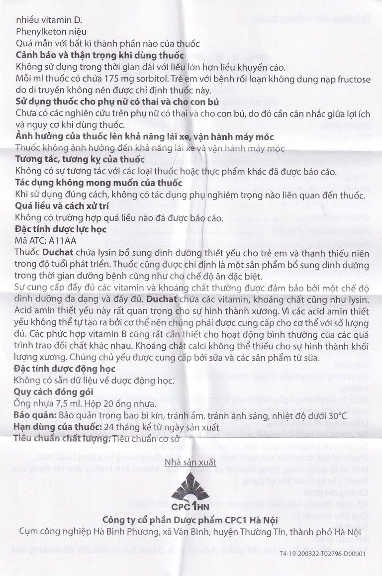 Dung dịch uống Duchat CPC1 dự phòng trường hợp thiếu Vitamin và Acid Amin (4 vỉ x 5 ống x 7.5ml)