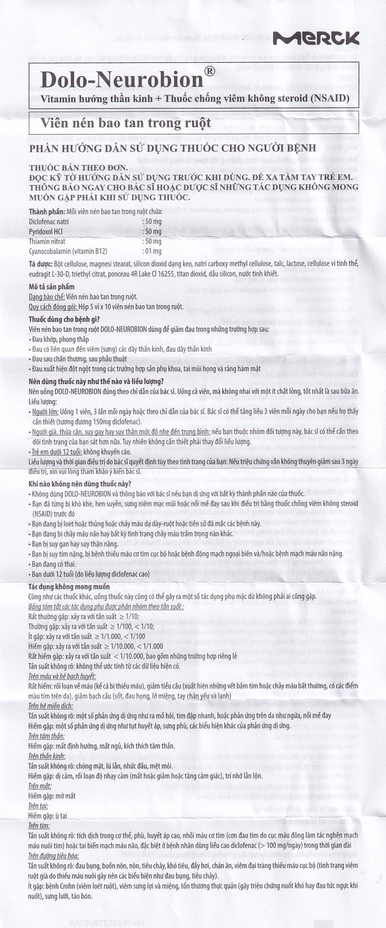 Thuốc Dolo-Neurobion Merck giảm đau khớp, phong thấp (5 vỉ x 10 viên)