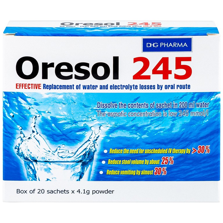 Bột pha uống Oresol 245 DHG Pharma bù nước, bổ sung chất điện giải, điều trị mất nước do tiêu chảy (20 gói x 4.1g)