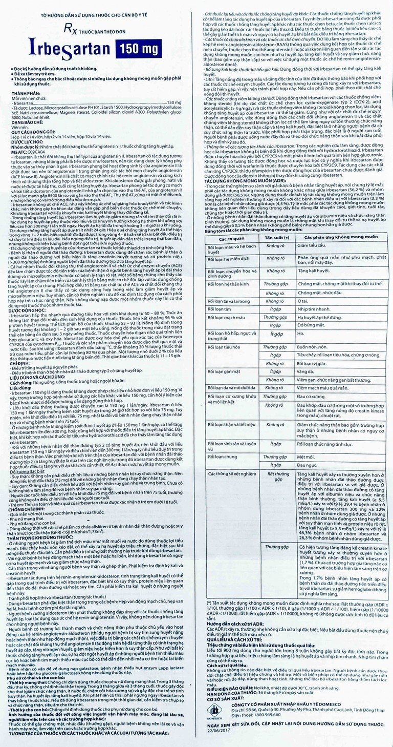 Thuốc Irbesartan 150mg Domesco điều trị tăng huyết áp, bệnh thận (2 vỉ x 14 viên)