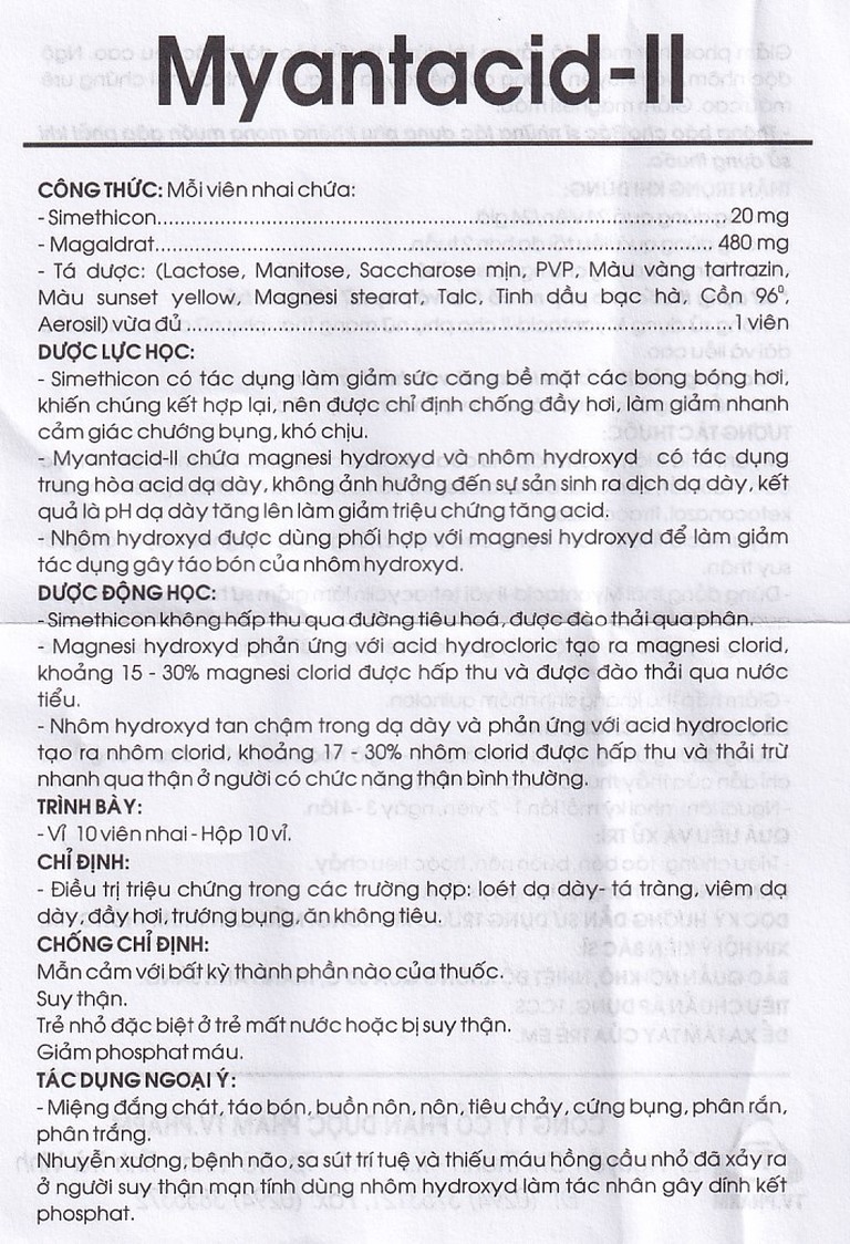 Viên nhai Myantacid-II TV.Pharm điều trị loét dạ dày - tá tràng, viêm dạ dày (10 vỉ x 10 viên) 