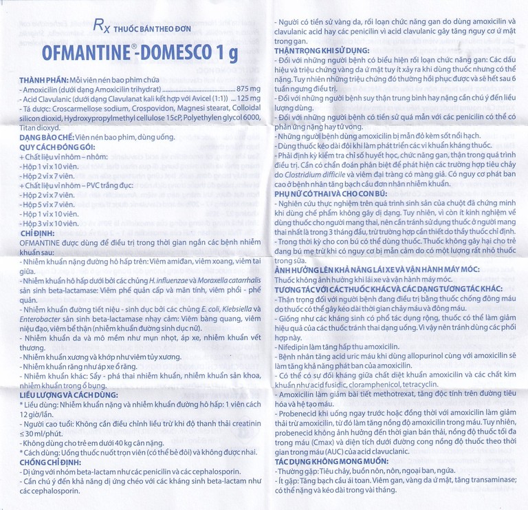 Thuốc Ofmantine - Domesco 1g điều trị nhiễm khuẩn đường hô hấp, viêm amidan (2 vỉ x 7 viên)