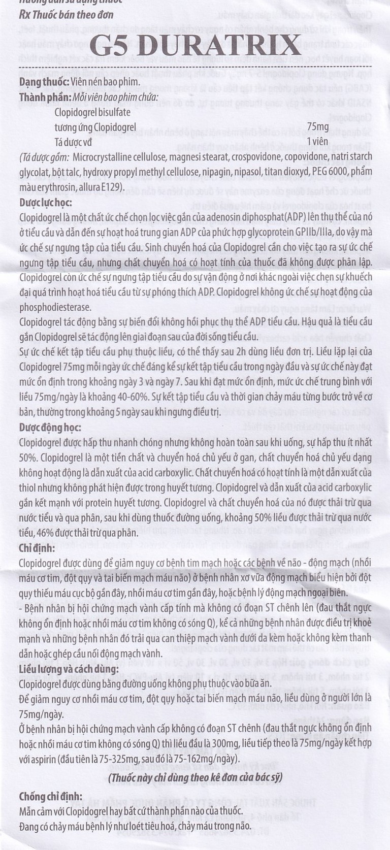 Thuốc G5 Duratrix Hà Tây giảm nguy cơ nhồi máu cơ tim, đột quỵ, tai biến mạch máu não (5 túi x 10 vỉ x 10 viên)