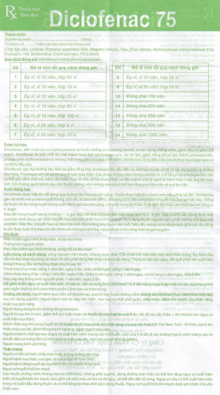 Thuốc Diclofenac 75 Vacopharm điều trị dài ngày viêm khớp mạn, thoái hóa khớp (10 vỉ x 10 viên)