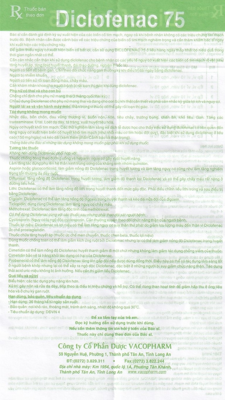 Thuốc Diclofenac 75 Vacopharm điều trị dài ngày viêm khớp mạn, thoái hóa khớp (10 vỉ x 10 viên)