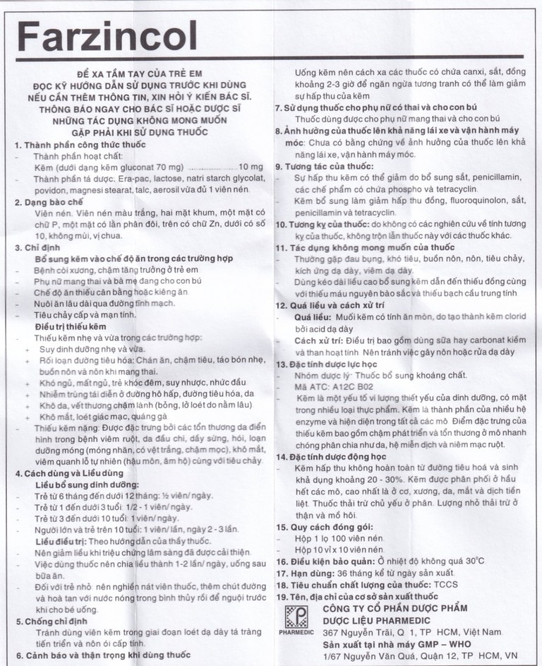 Thuốc Farzincol Pharmedic điều trị thiếu kẽm (100 viên)