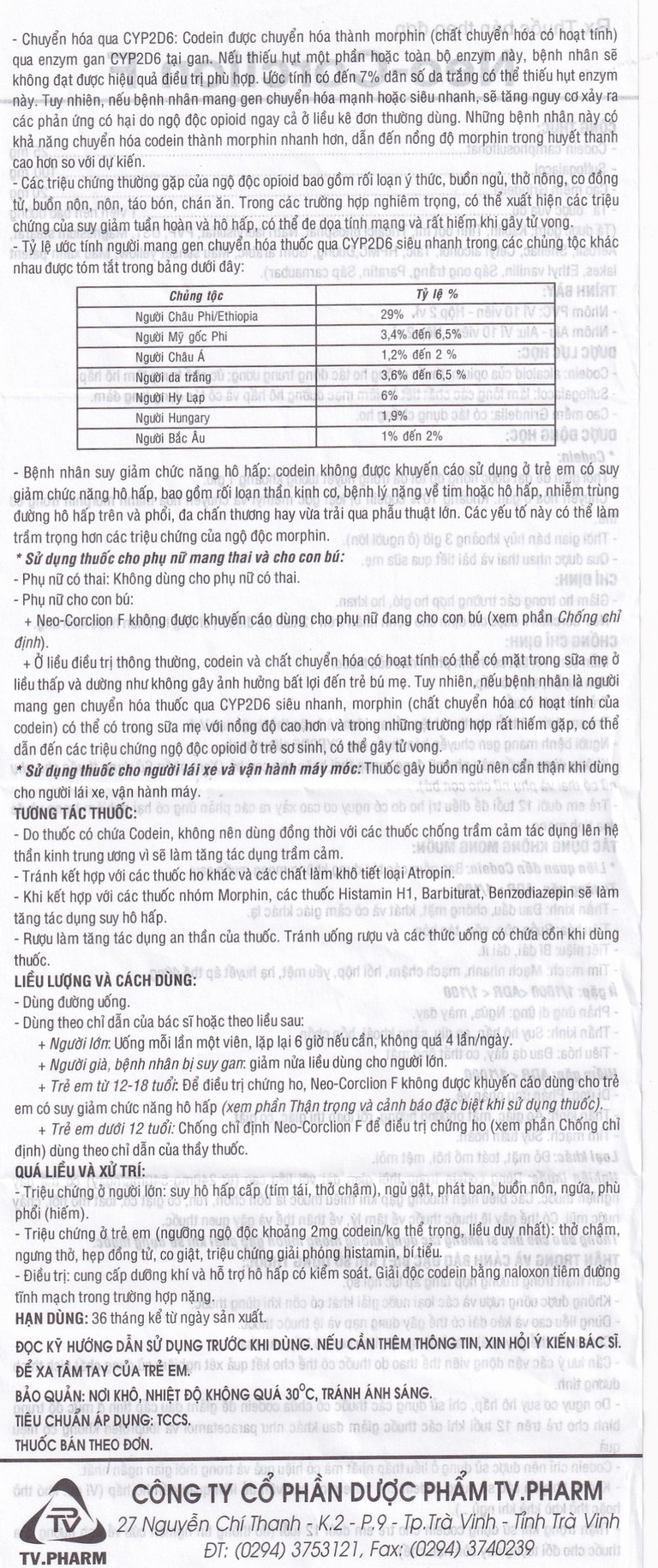 Viên nén Neo-Corclion F TV.Pharm giảm ho gió, ho khan (2 vỉ x 10 viên)