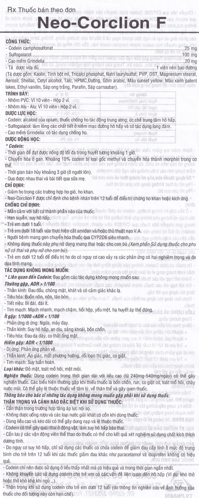 Viên nén Neo-Corclion F TV.Pharm giảm ho gió, ho khan (2 vỉ x 10 viên)