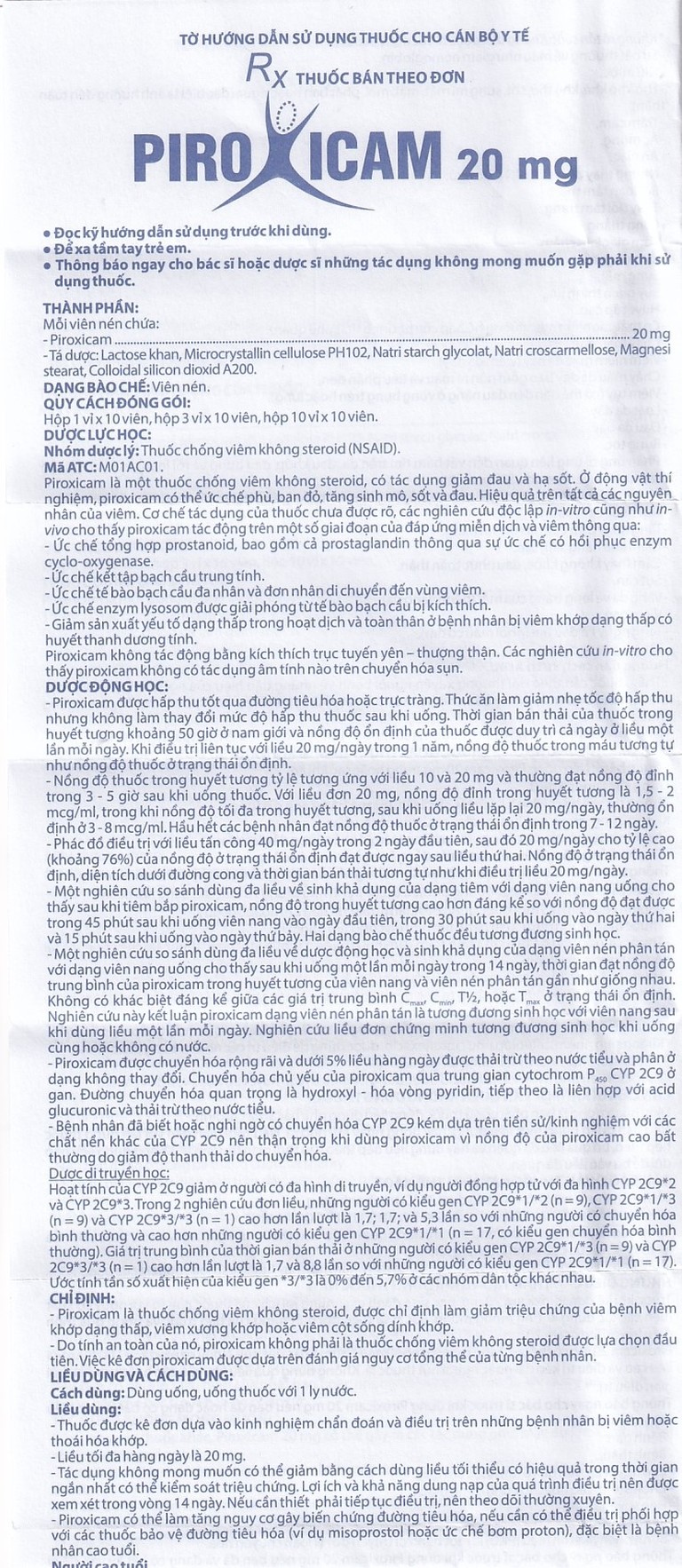 Viên nén Piroxicam 20mg Domesco giảm triệu chứng viêm khớp dạng thấp (3 vỉ x 10 viên)