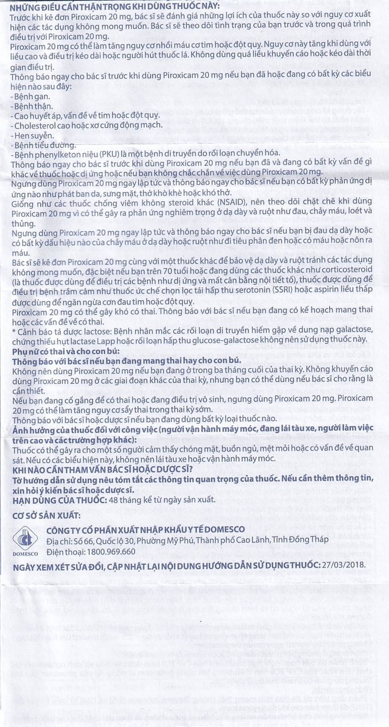 Viên nén Piroxicam 20mg Domesco giảm triệu chứng viêm khớp dạng thấp (3 vỉ x 10 viên)