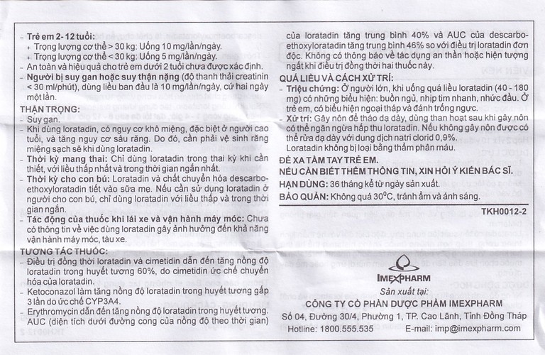 Viên nén Loratadin 10mg Imexpharm chống dị ứng, viêm mũi dị ứng, viêm kết mạc (2 vỉ x 10 viên)