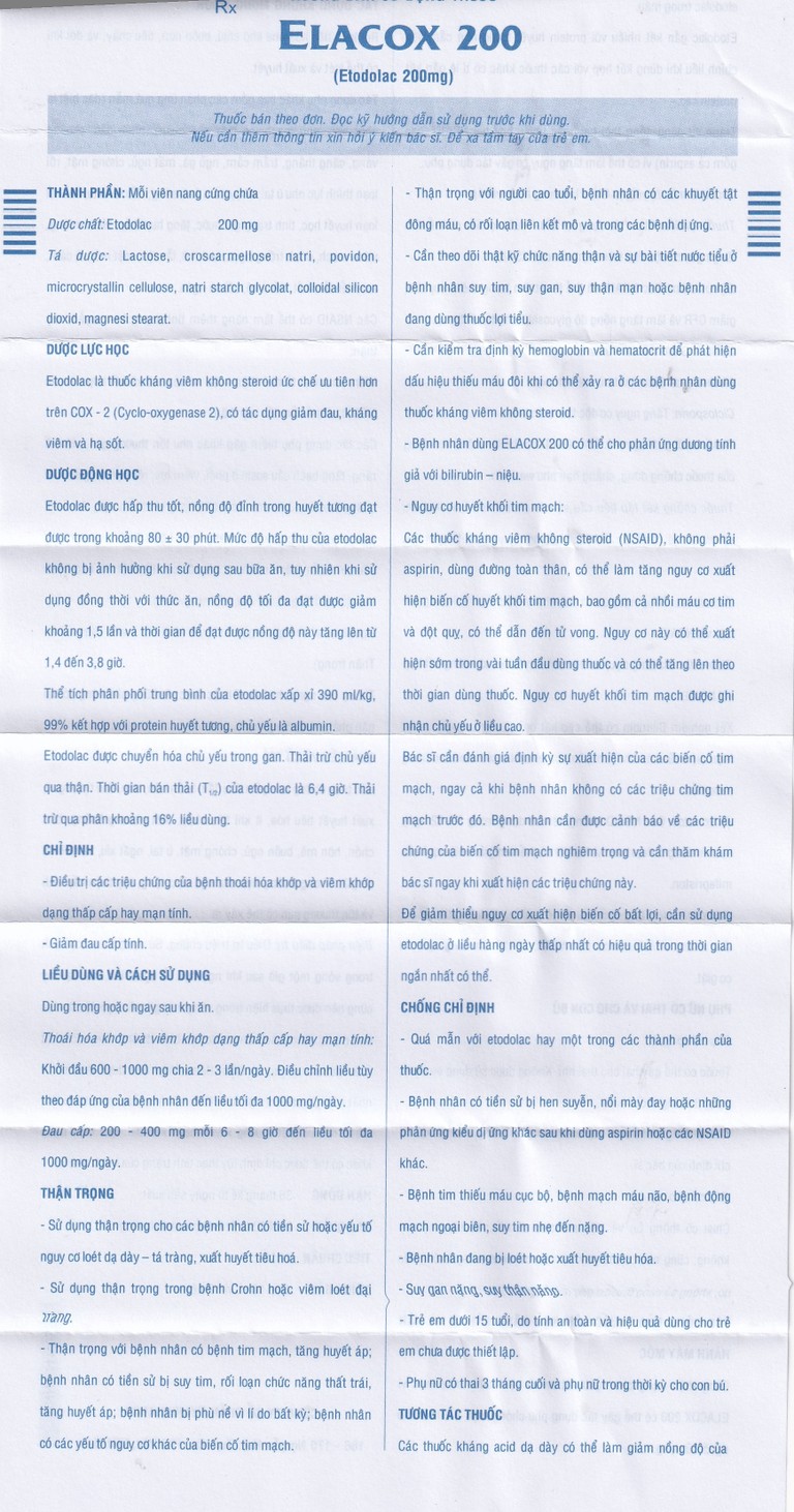 Thuốc Elacox 200 điều trị triệu chứng thoái hoá khớp, viêm khớp dạng thấp cấp hay mạn tính (10 vỉ x 10 viên)