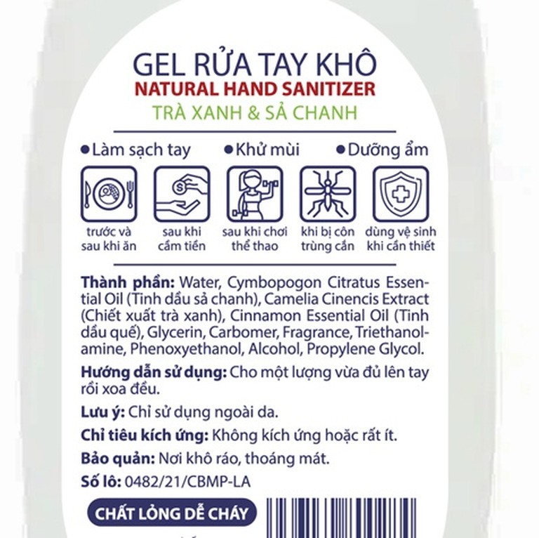 Gel rửa tay khô Natural Hand Sanitizer trà xanh và sả chanh làm sạch tay, khử mùi, dưỡng ẩm (120ml)