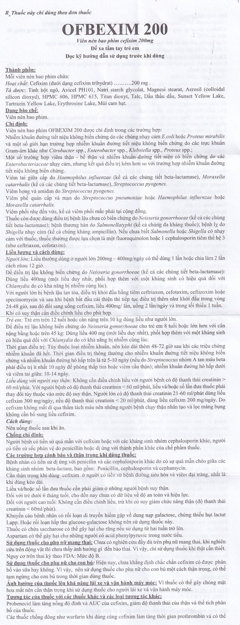 Viên nén Ofbexim 200 USP điều trị nhiễm khuẩn đường tiết niệu (3 vỉ x 10 viên)