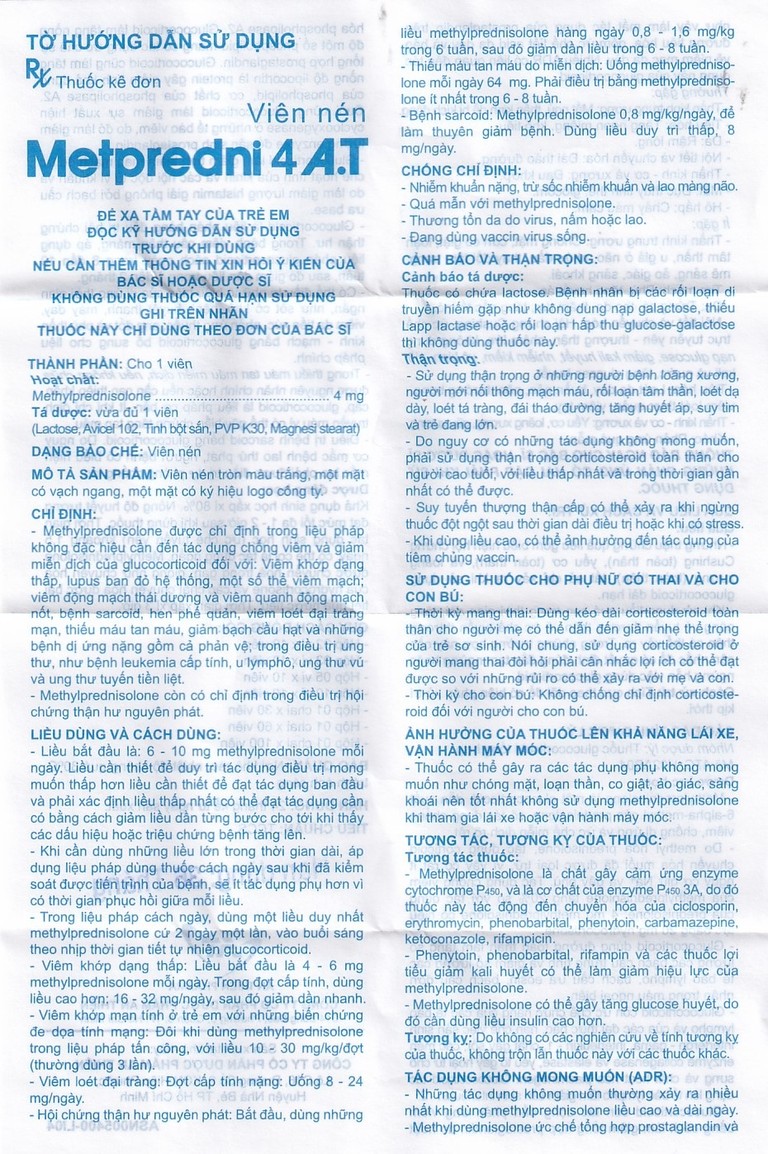 Thuốc Metpredni 4 A.T kháng viêm, điều trị viêm khớp dạng thấp, lupus ban đỏ (10 vỉ x 10 viên)
