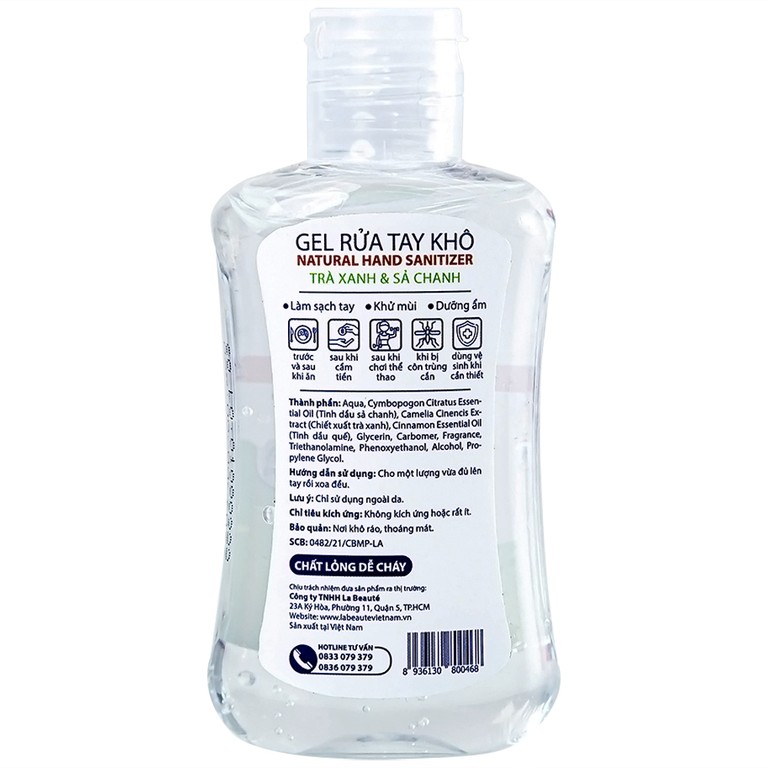 Gel rửa tay khô Natural Hand Sanitizer trà xanh và sả chanh làm sạch tay, khử mùi, dưỡng ẩm (100ml)