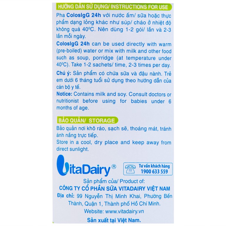 Sữa ColosIgG 24h Vitadairy hỗ trợ tăng cường miễn dịch và tiêu hóa (60 gói x 1.5g)