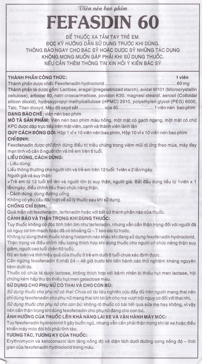 Thuốc Fefasdin 60 Khapharco điều trị viêm mũi dị ứng, mày đay mạn tính vô căn (10 vỉ x 10 viên)