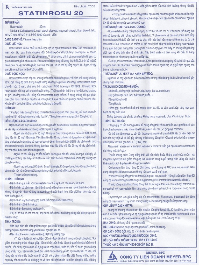 Thuốc Statinrosu 20 Meyer điều trị tăng cholesterol máu nguyên phát (3 vỉ x 10 viên)
