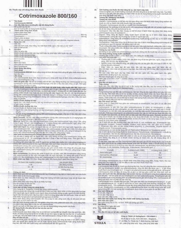 Thuốc Cotrimoxazole 800/160 Stella điều trị nhiễm khuẩn (10 vỉ x 10 viên)