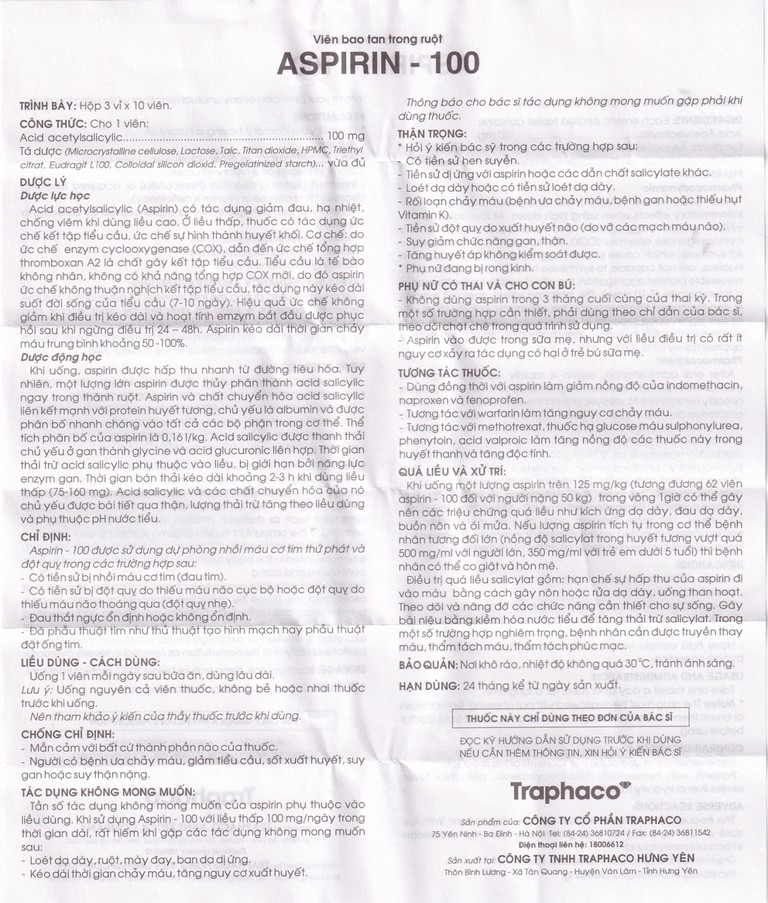 Thuốc Aspirin 100mg Traphaco phòng ngừa nhồi máu cơ tim, đột quỵ (3 vỉ x 10 viên)