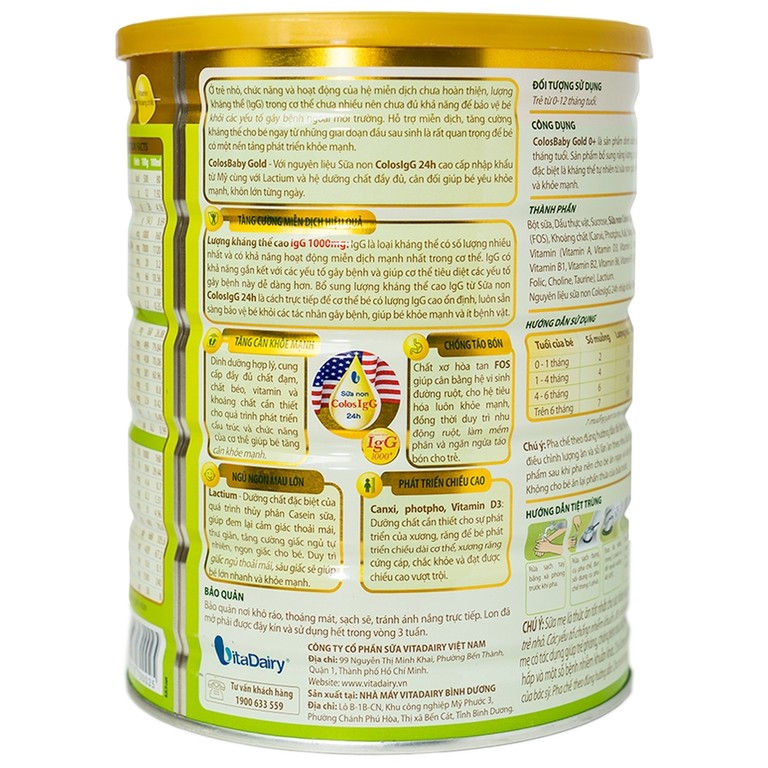 Sữa non ColosBaby Gold VitaDairy bổ sung kháng thể IgG tự nhiên cho trẻ từ 0 - 12 tháng (800g)