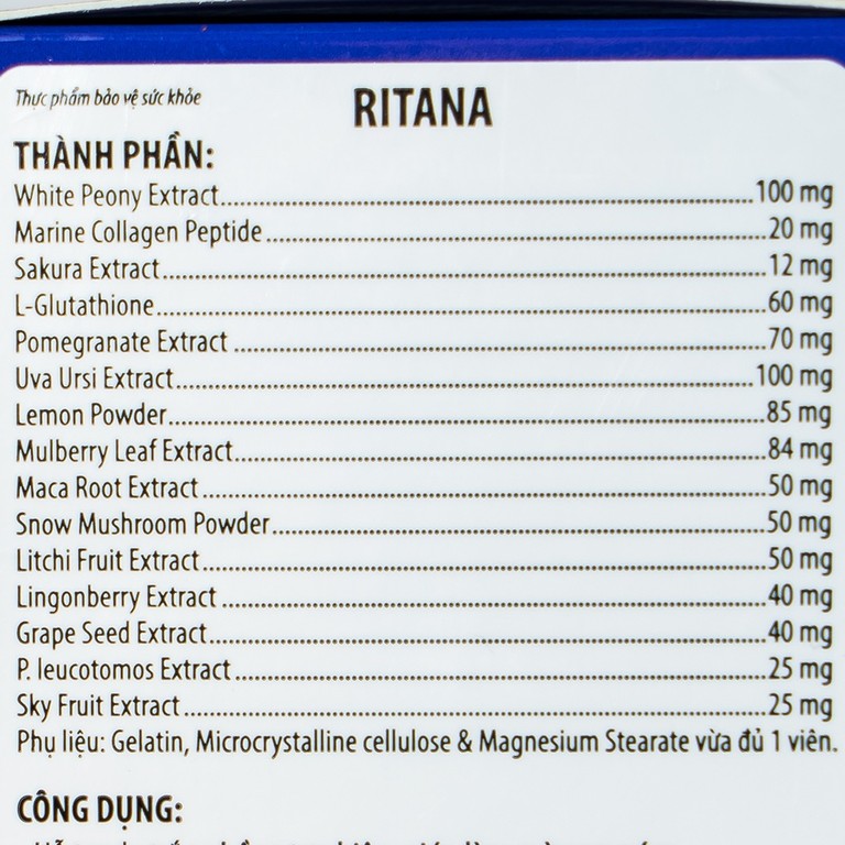 Thực phẩm bảo vệ sức khỏe Ritana hỗ trợ da trắng hồng tự nhiên (60 viên)
