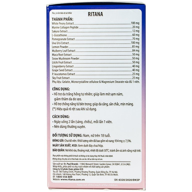 Thực phẩm bảo vệ sức khỏe Ritana hỗ trợ da trắng hồng tự nhiên (60 viên)