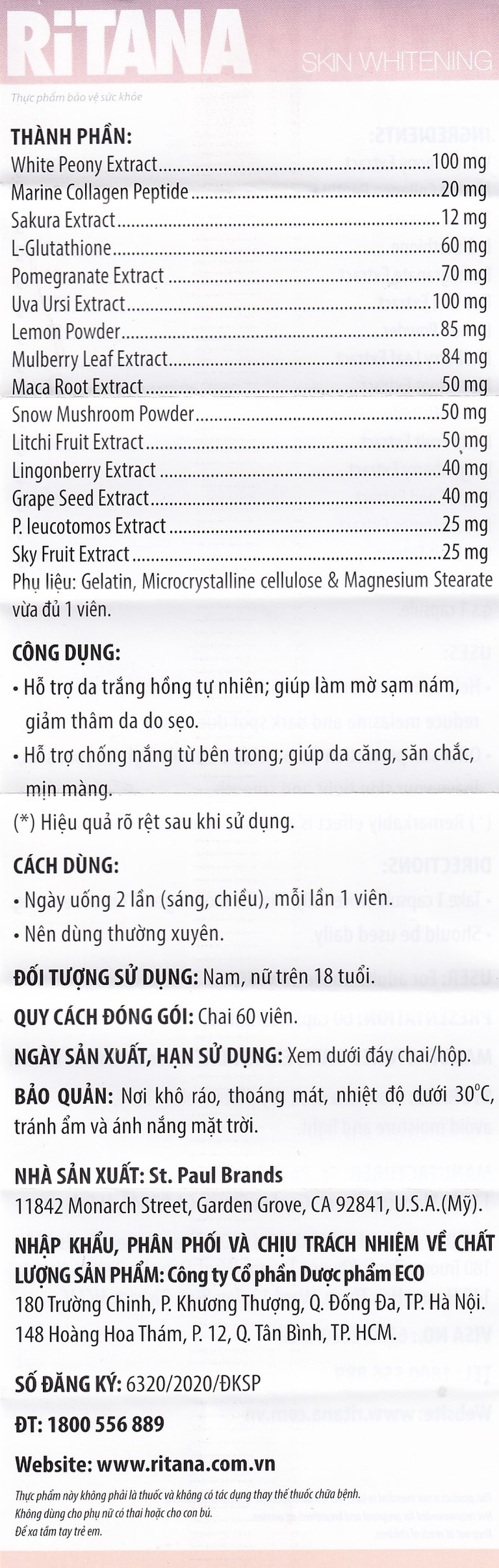 Thực phẩm bảo vệ sức khỏe Ritana hỗ trợ da trắng hồng tự nhiên (60 viên)